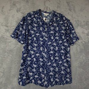 Eleven Paris Mens Button Up Shirt Dark Indigo White Paisley Short Sleeve M New